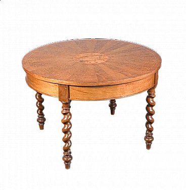 Charles X inlaid and panelled walnut round table with twisted legs, 19th century