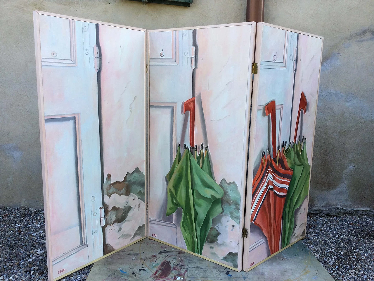 Paravento a tre ante foderate con stoffa, anni '2000 1