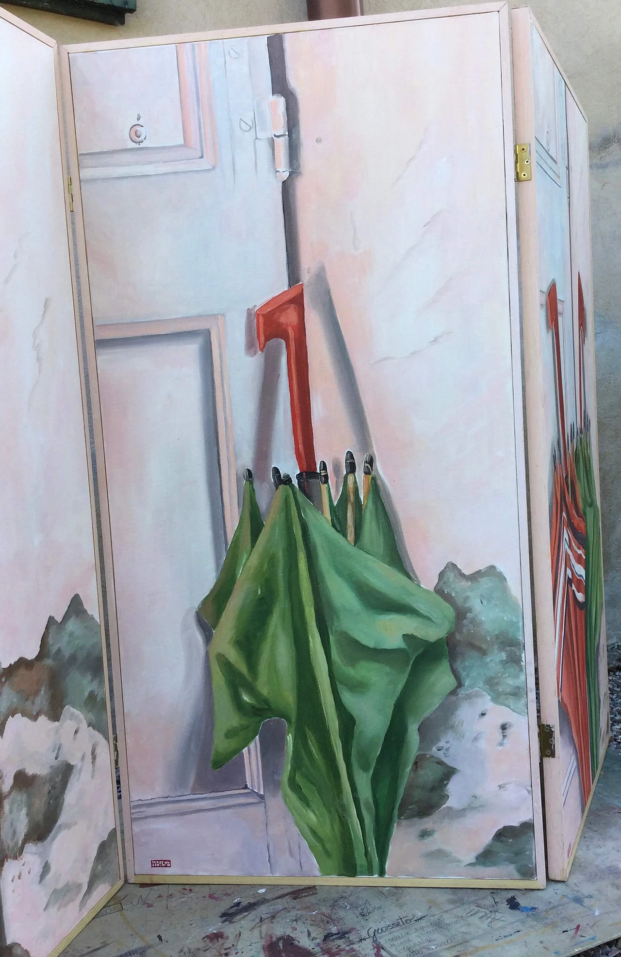 Paravento a tre ante foderate con stoffa, anni '2000 3