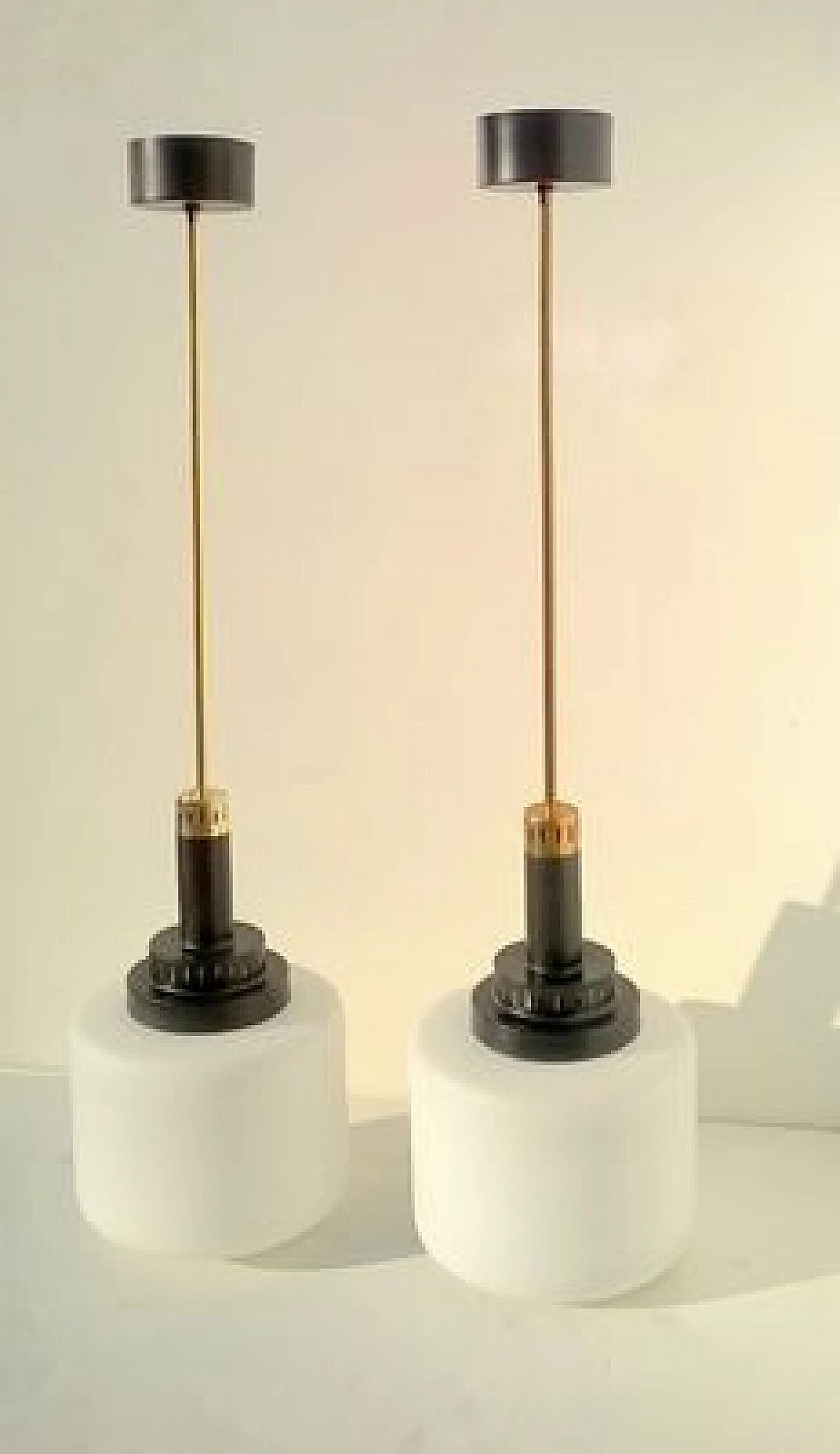 Pair of opaline glass pendant lamps by Stilnovo, 1950s 3