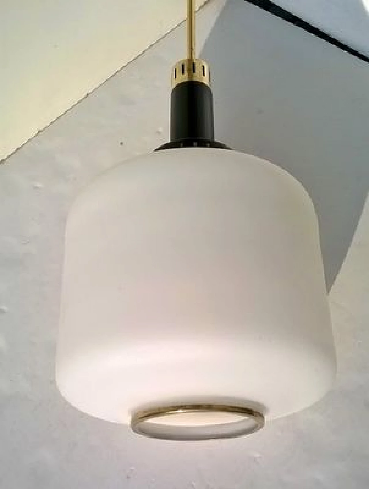 Pair of opaline glass pendant lamps by Stilnovo, 1950s 4