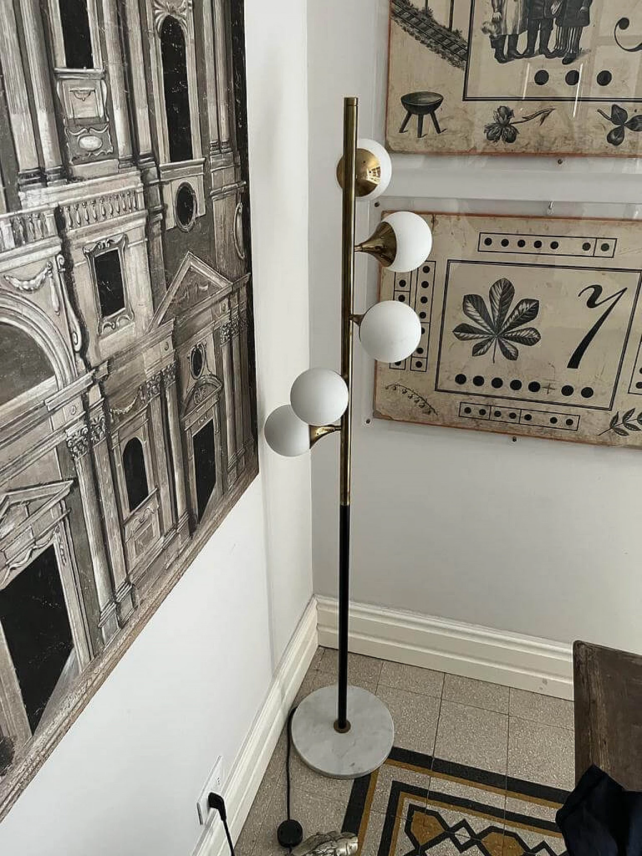 Lampada da terra Alberello in ottone con base in marmo per Stilnovo, anni '60 1