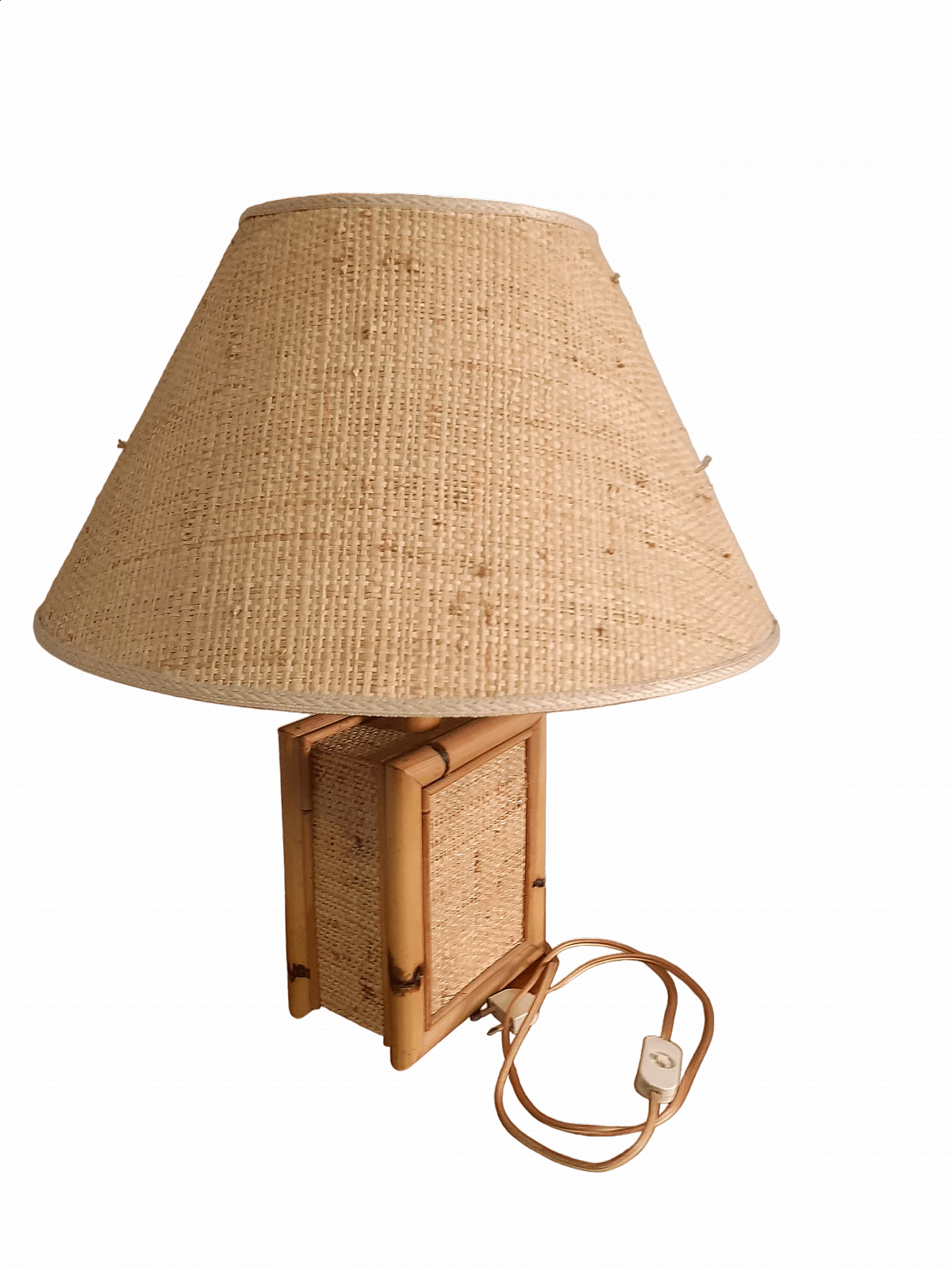Lampada da tavolo in bamboo con diffusore in vimini, anni '70 10