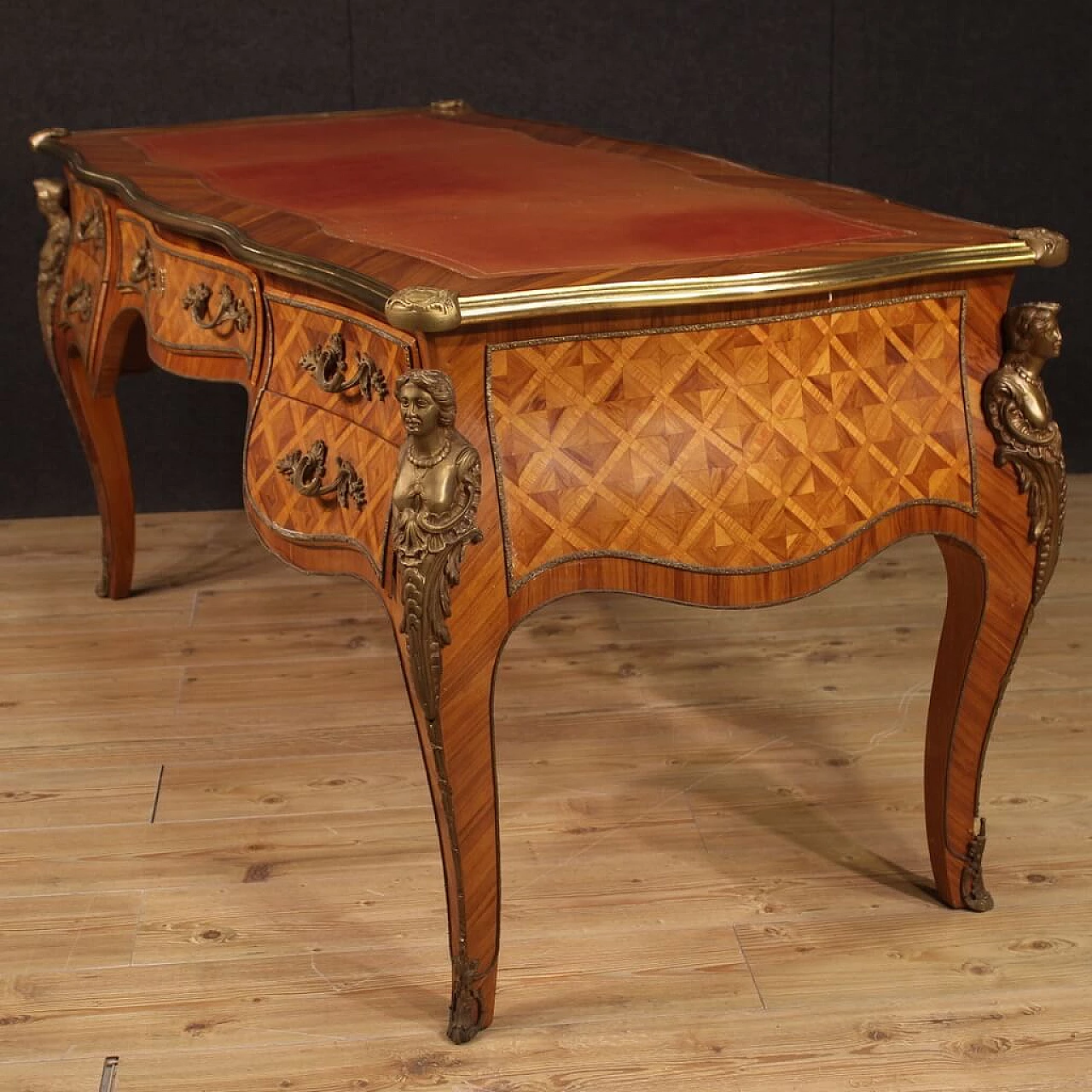 Carved wooden desk with bronze and brass decorations in Louis XV style 3