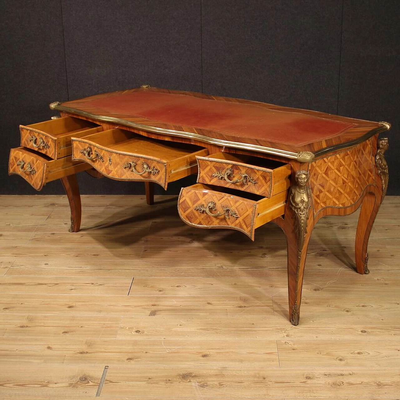 Carved wooden desk with bronze and brass decorations in Louis XV style 5