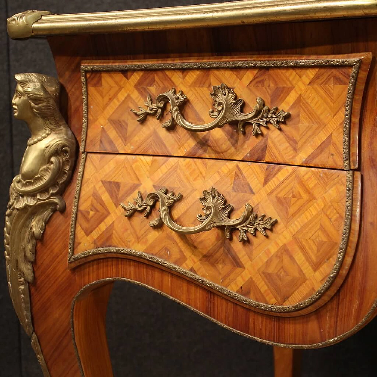 Carved wooden desk with bronze and brass decorations in Louis XV style 7