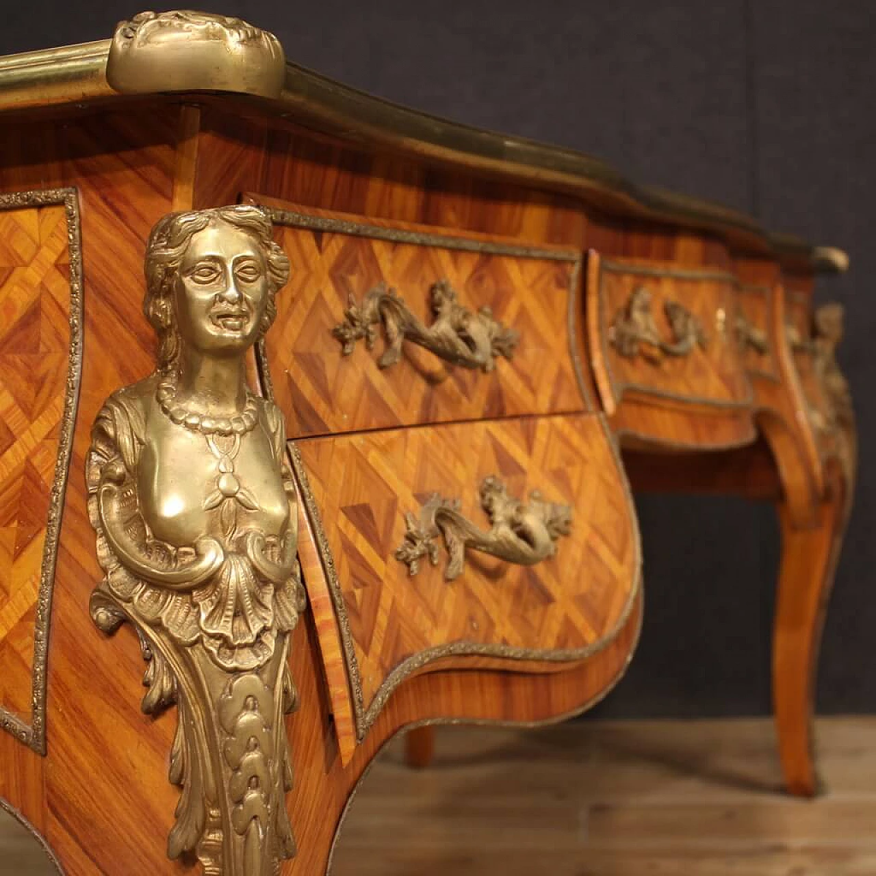 Carved wooden desk with bronze and brass decorations in Louis XV style 9
