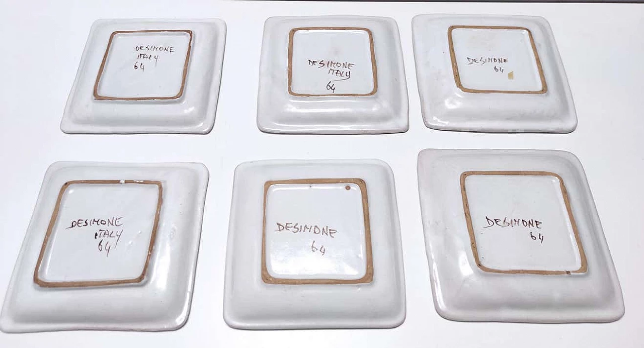 6 Handmade terracotta square plates by De Simone, 1964 5