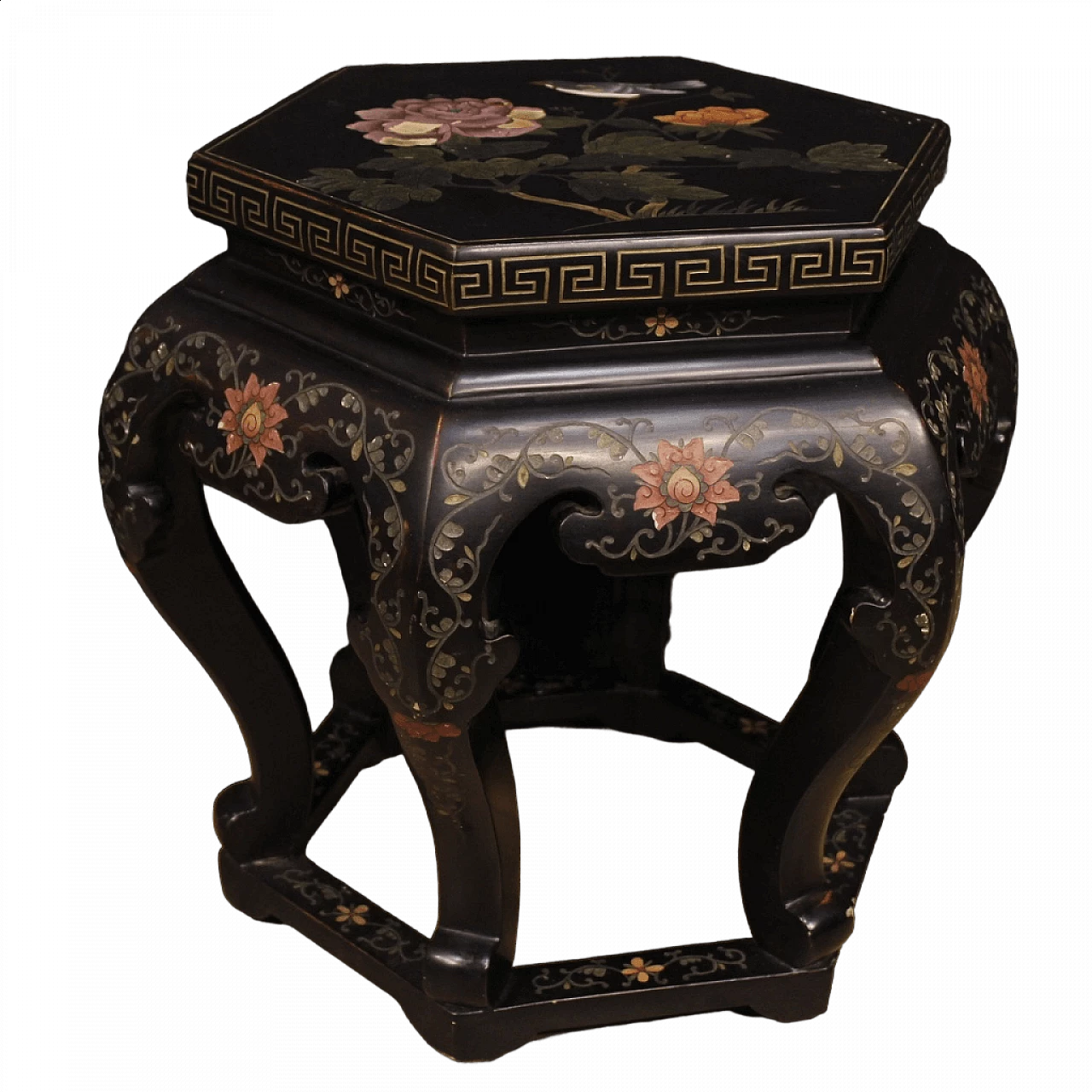 Hexagonal coffee table in lacquered and chinoiserie-painted wood, 1960s 13