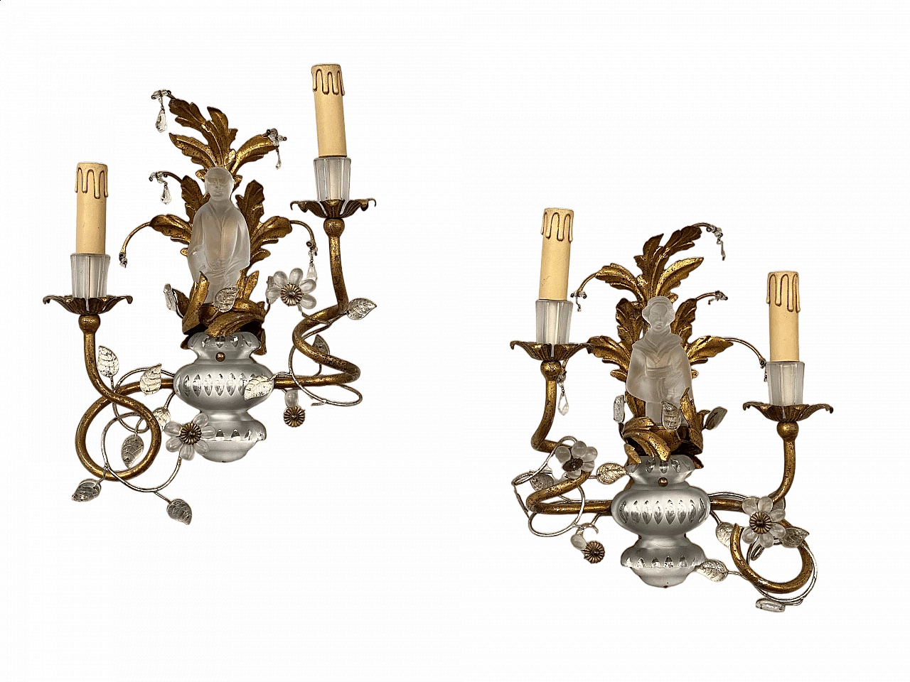 Pair of forged and gilded iron wall sconces by Maison Bagues, 1960s 17