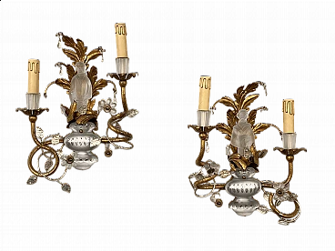 Pair of forged and gilded iron wall sconces by Maison Bagues, 1960s