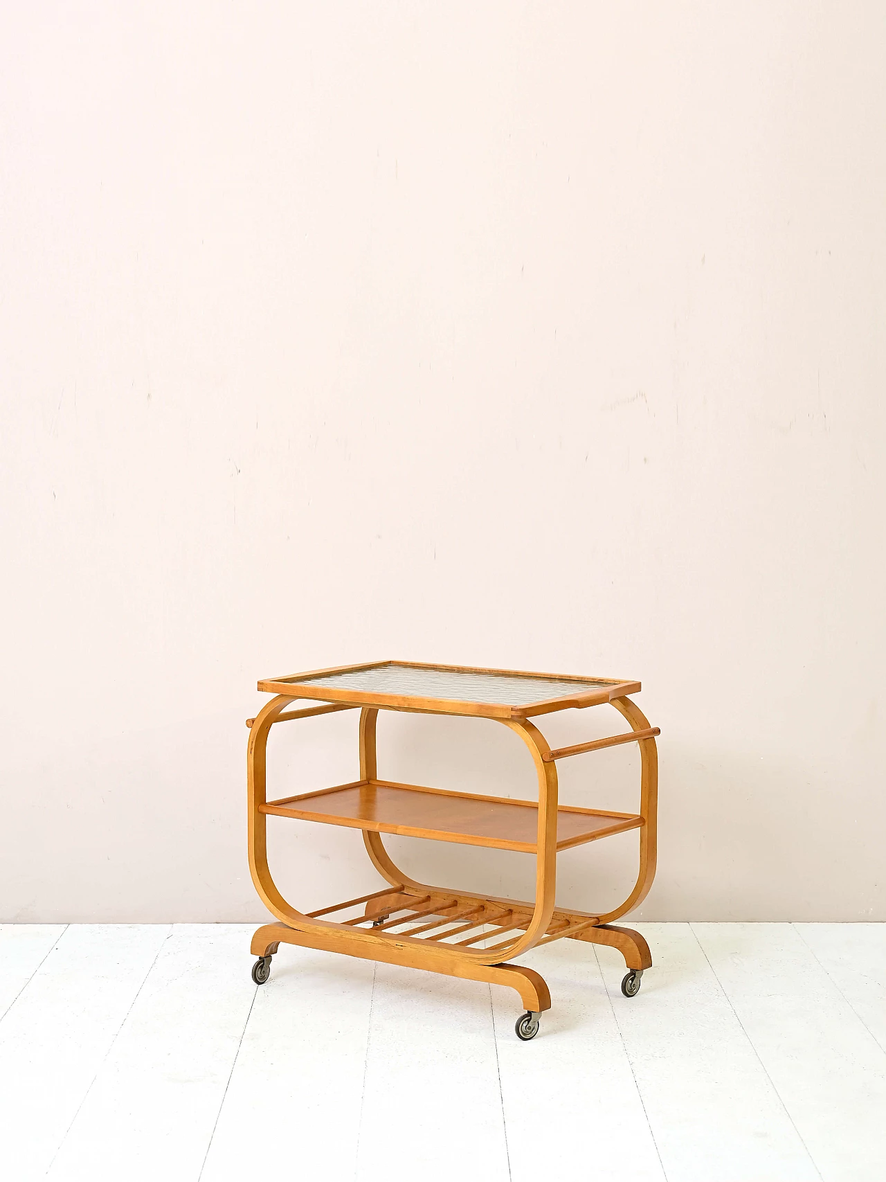 Art Deco wood and glass trolley with wheels, 1930s 2