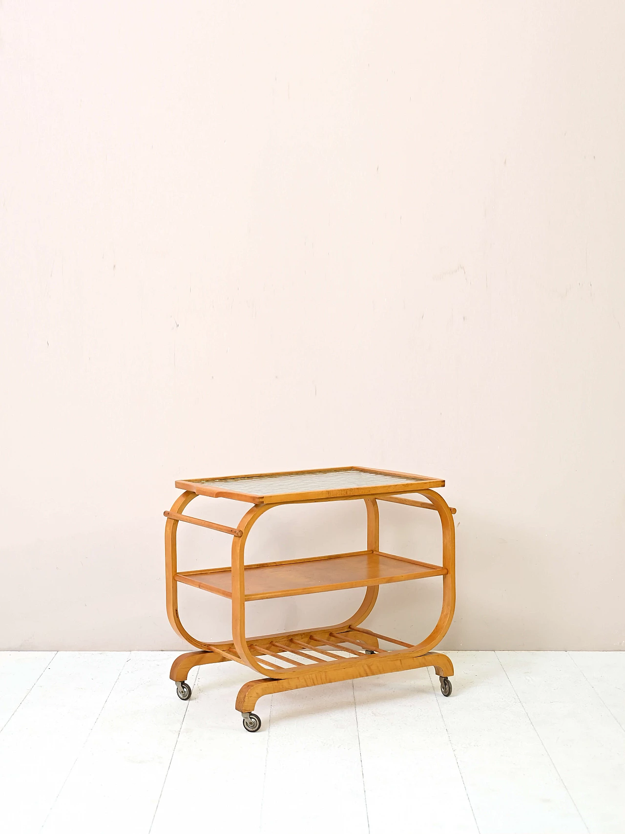 Art Deco wood and glass trolley with wheels, 1930s 3