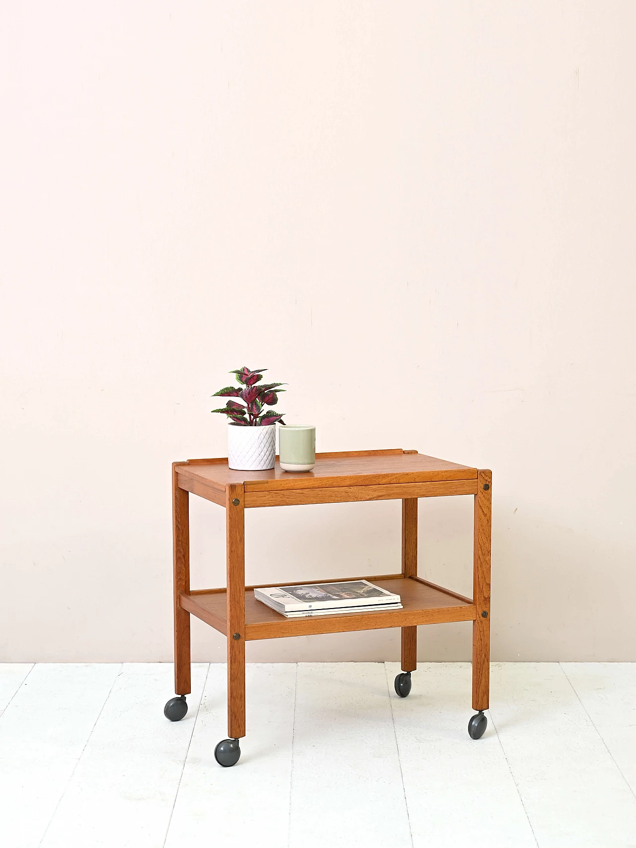 Two-shelf teak cart with wheels, 1960s 1