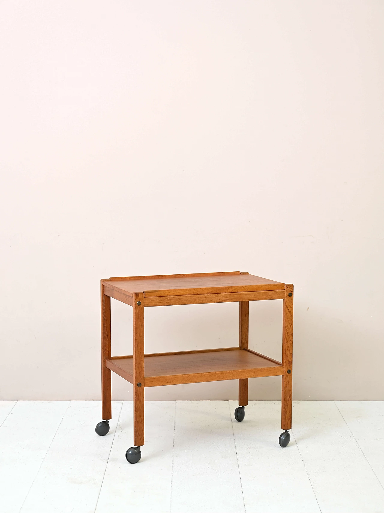 Two-shelf teak cart with wheels, 1960s 2