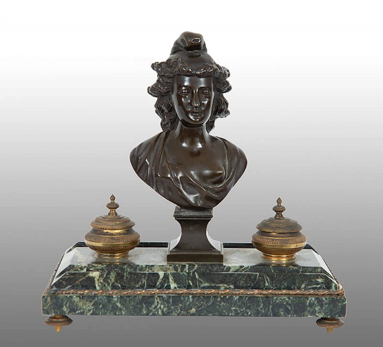 Empire inkwell in bronze and Verde Alpi marble, 19th century 1