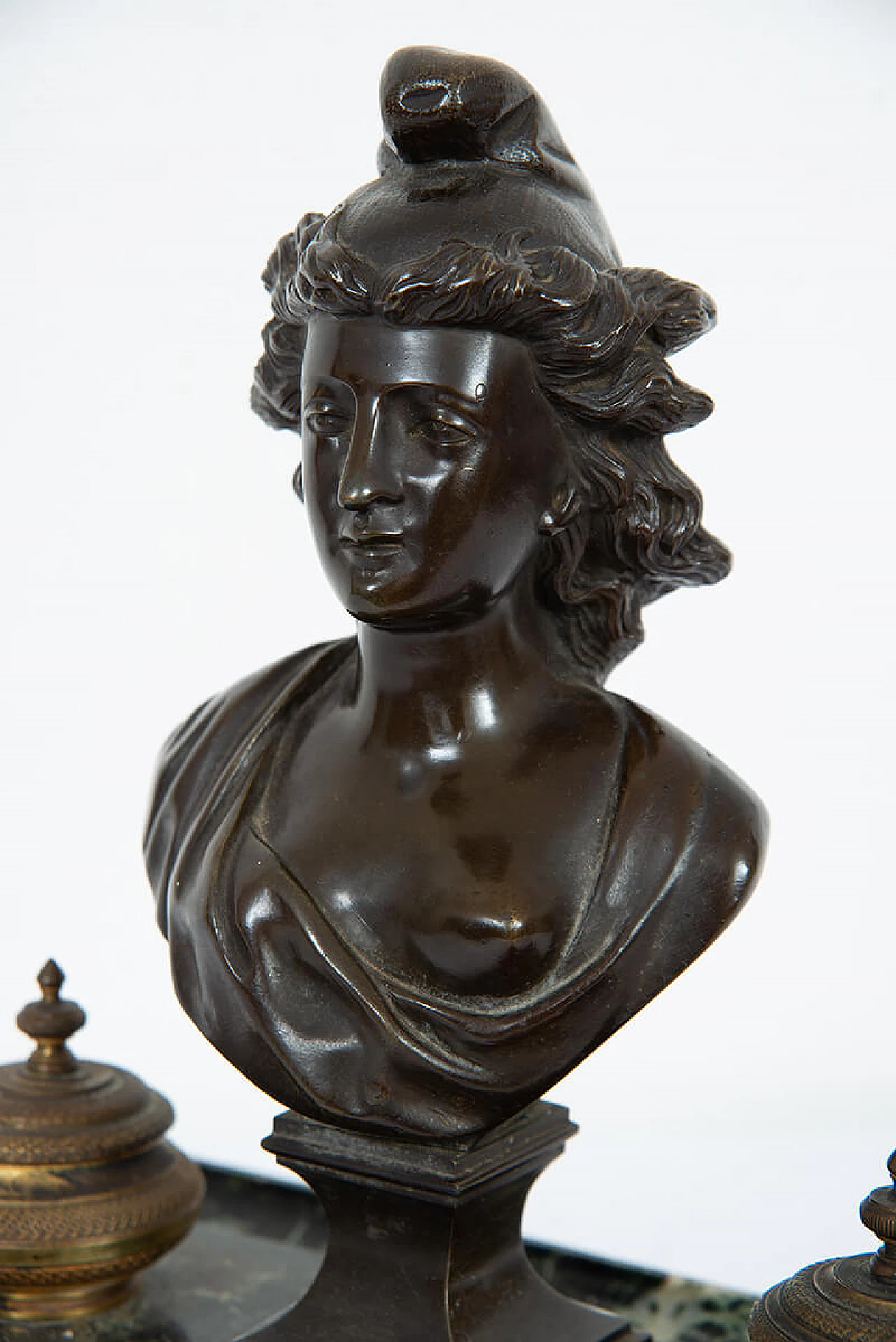 Empire inkwell in bronze and Verde Alpi marble, 19th century 2