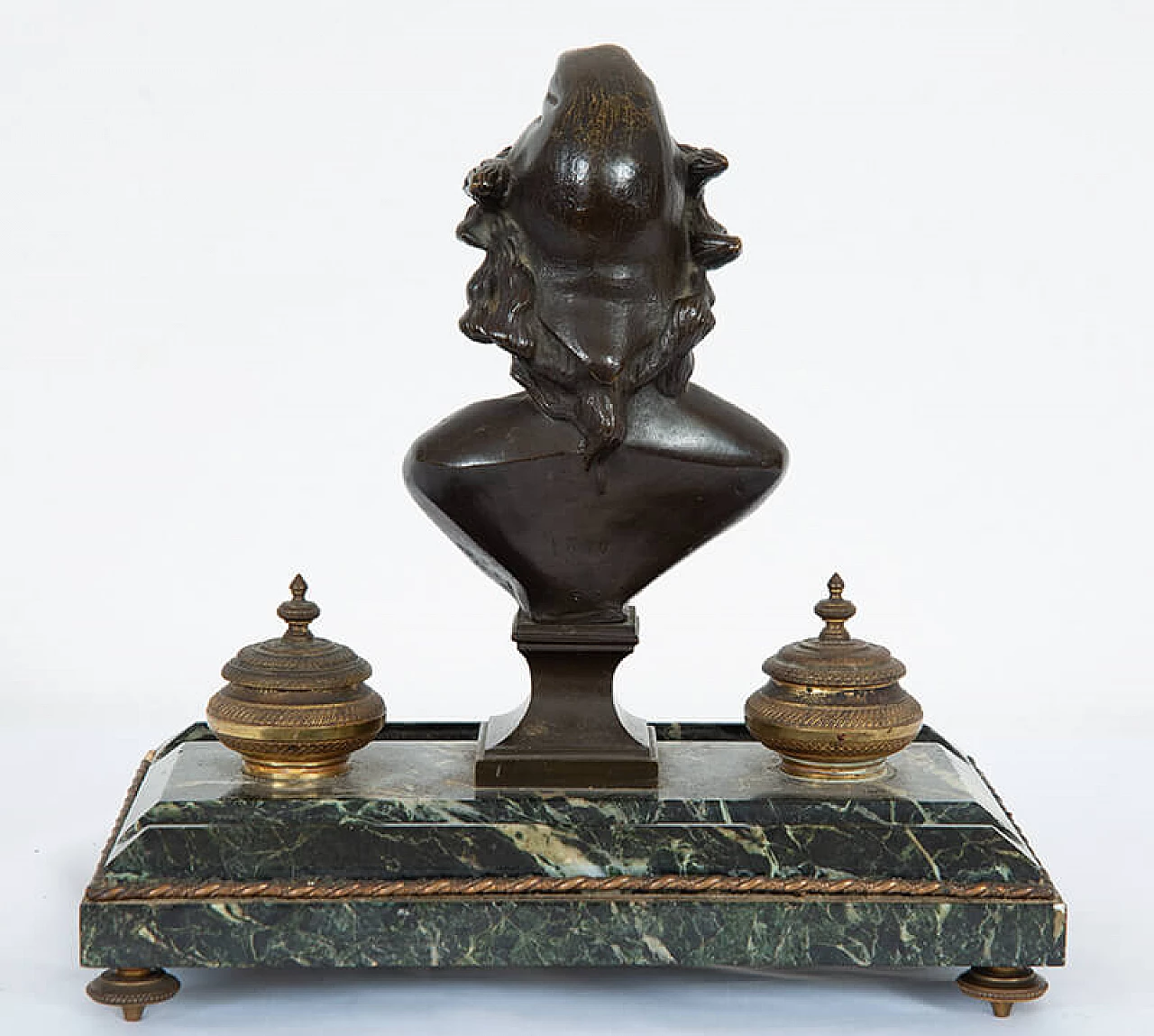 Empire inkwell in bronze and Verde Alpi marble, 19th century 4