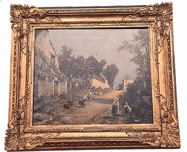 Legat Leon, landscape painting with peasant family, oil on canvas, 19th century