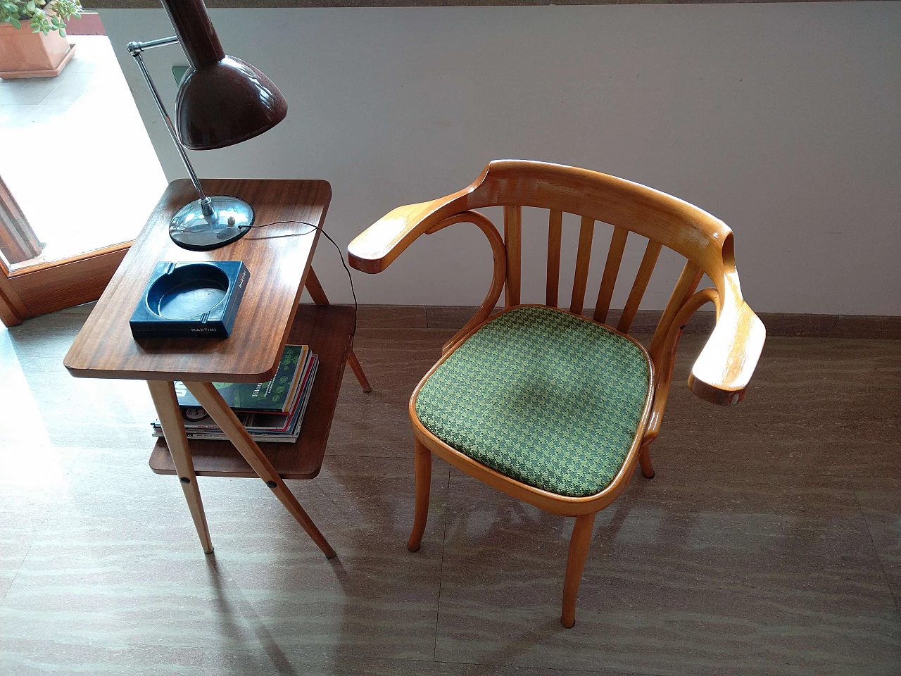 Beech chair with green fabric seat, 1950s 2