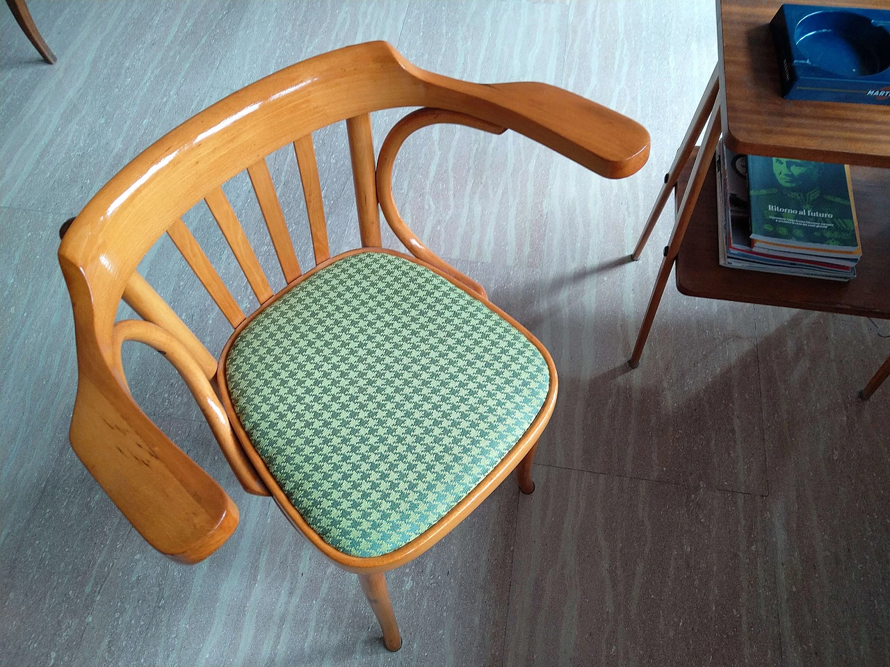 Beech chair with green fabric seat, 1950s 3