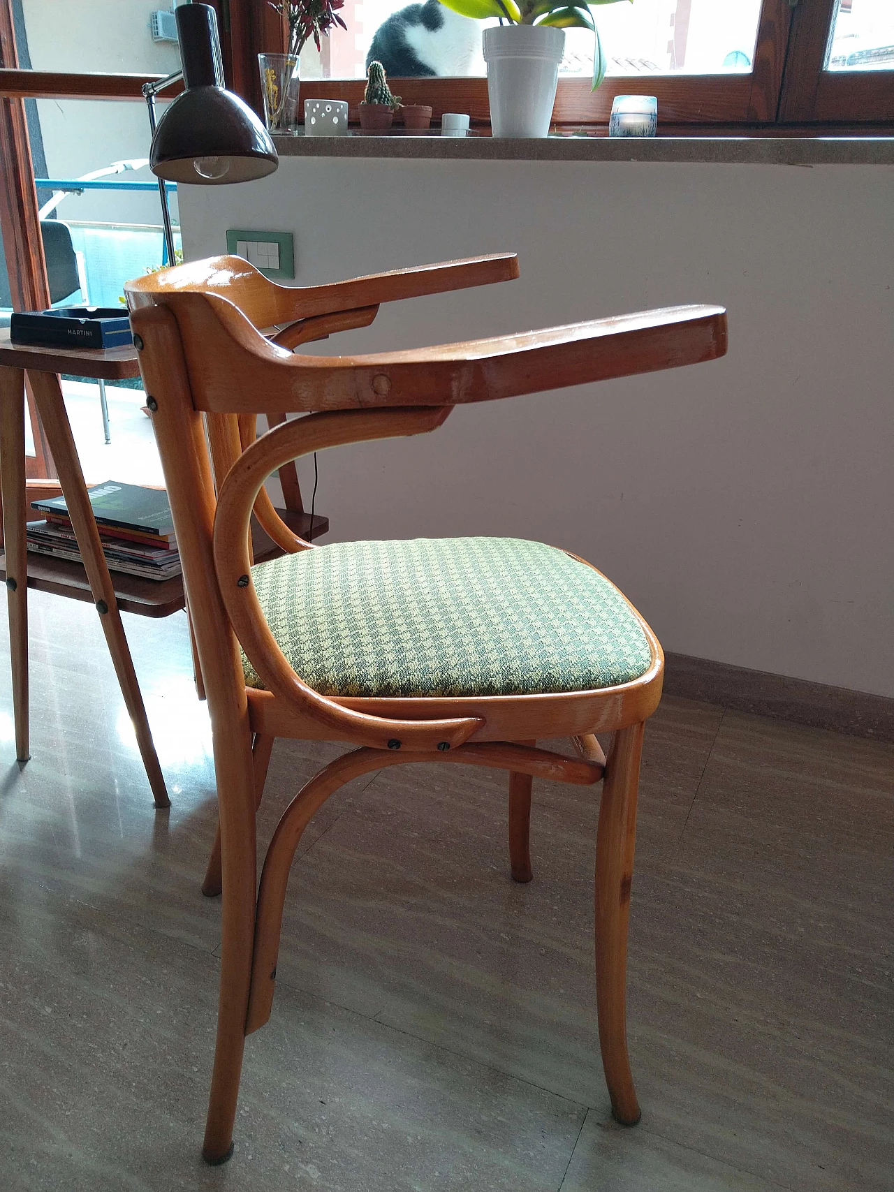 Beech chair with green fabric seat, 1950s 4