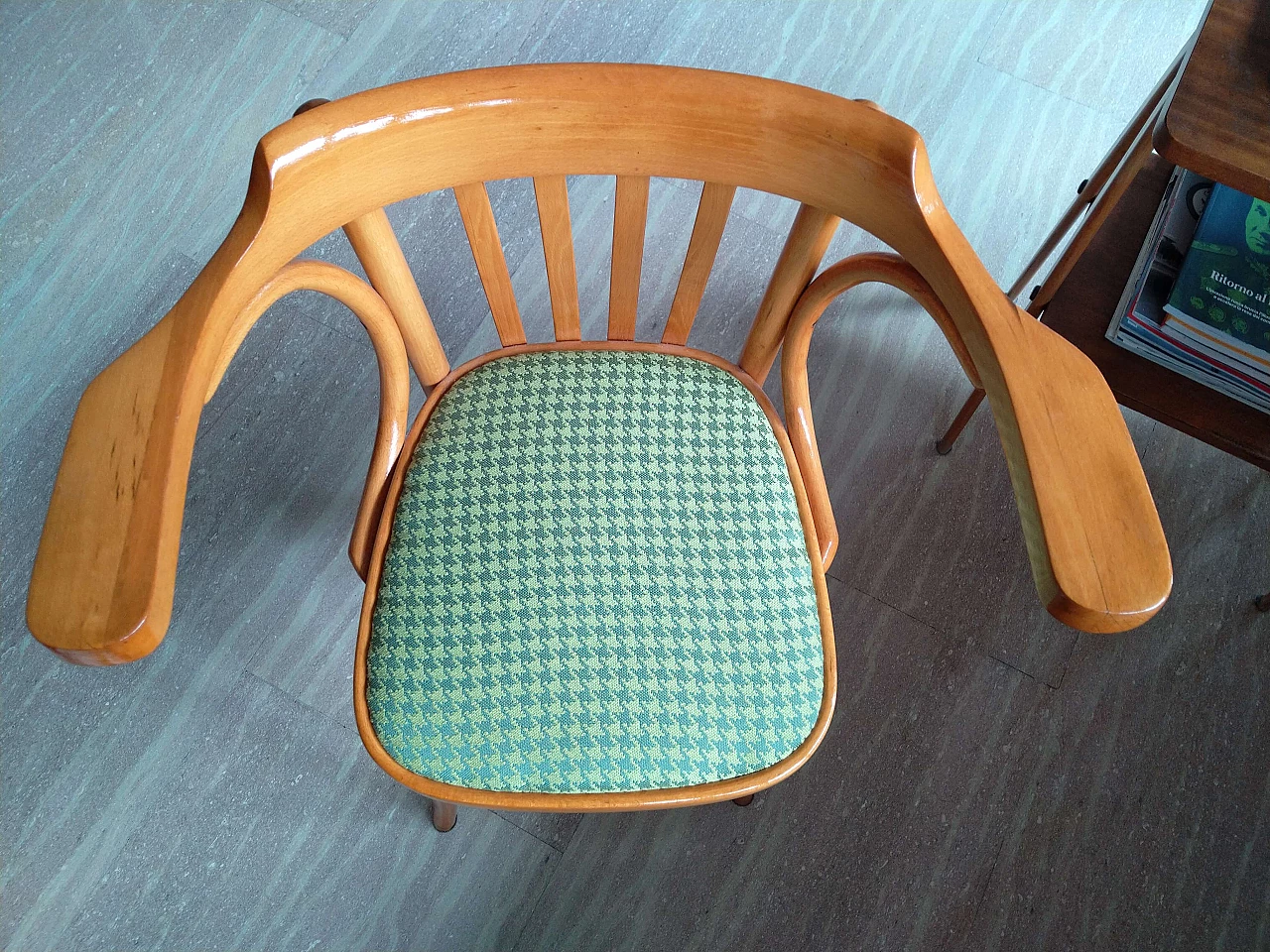Beech chair with green fabric seat, 1950s 6