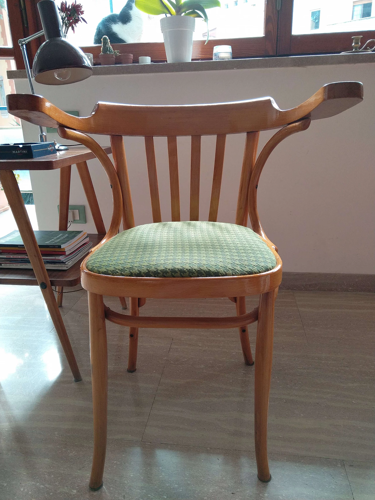 Beech chair with green fabric seat, 1950s 8