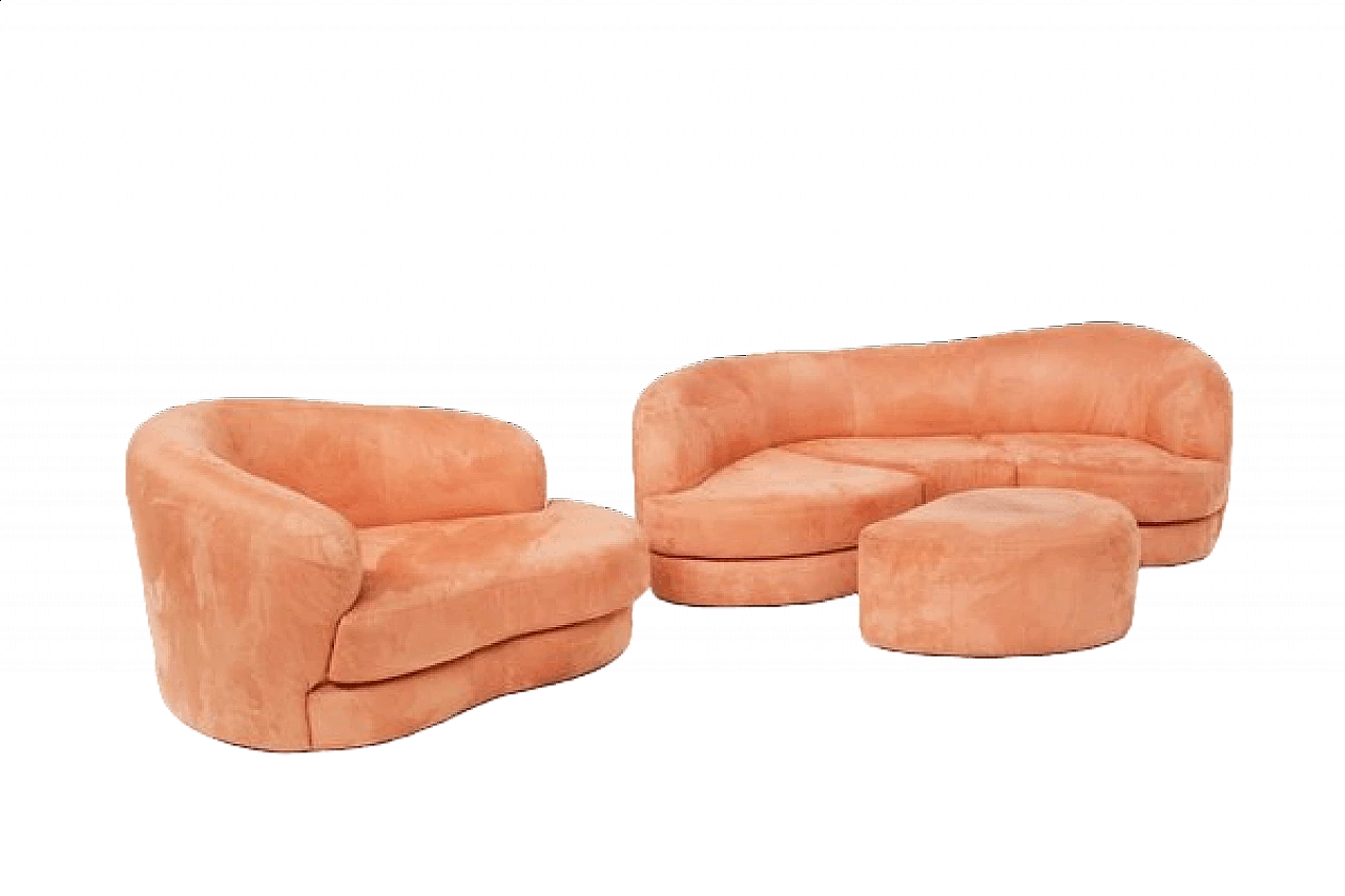 Pink velvet sofa with armchair and footrest, 1950s 23