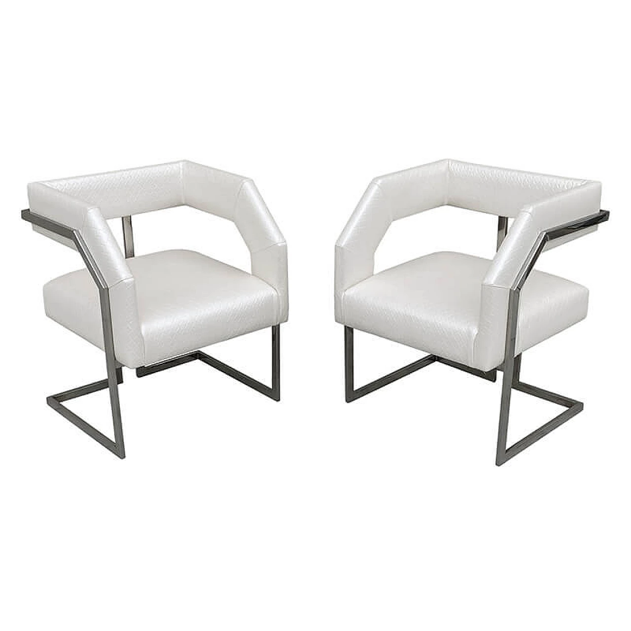 Pair of white faux leather chairs with chrome-plated steel frame, 1990s 1
