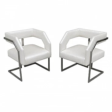 Pair of white faux leather chairs with chrome-plated steel frame, 1990s