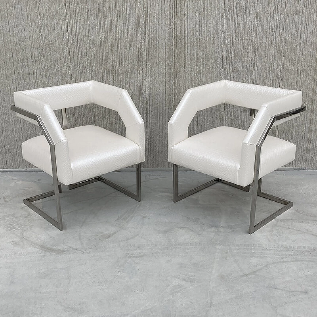 Pair of white faux leather chairs with chrome-plated steel frame, 1990s 2