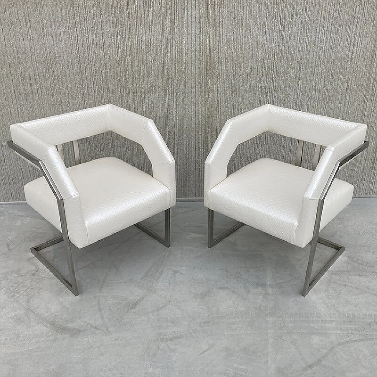 Pair of white faux leather chairs with chrome-plated steel frame, 1990s 3