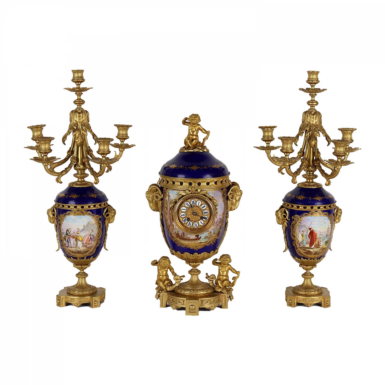 Clock and two candlesticks in bronze and porcelain of Sevrès, late 19th century 1