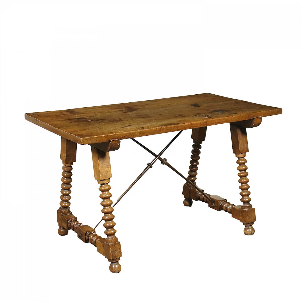 Spanish table in walnut wood with iron thunderbolts, 20th century 1