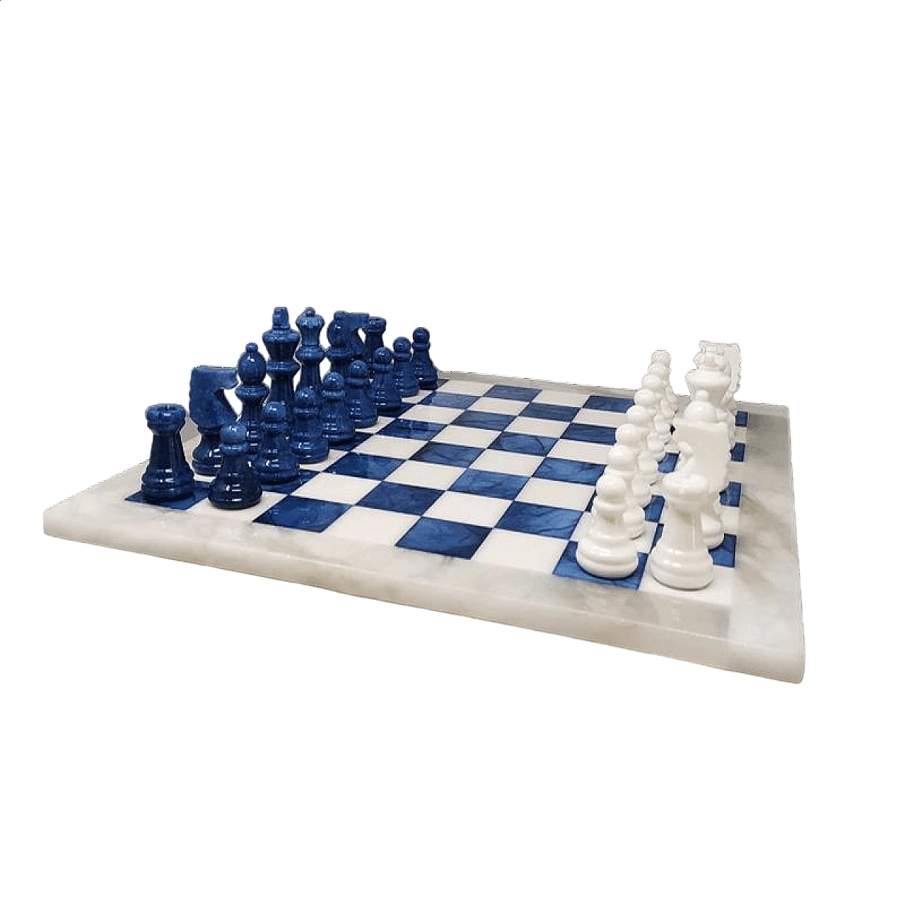 Scacchiera in alabastro di Volterra bianca e blu fatta a mano, anni '70 12