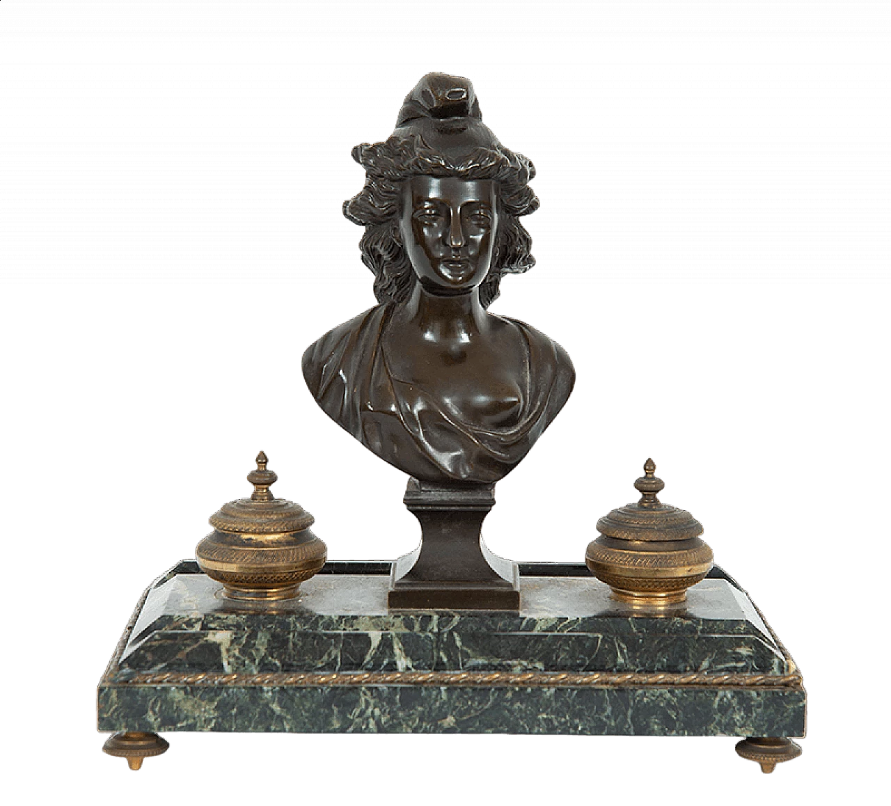 Empire inkwell in bronze and Verde Alpi marble, 19th century 5