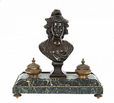 Empire inkwell in bronze and Verde Alpi marble, 19th century