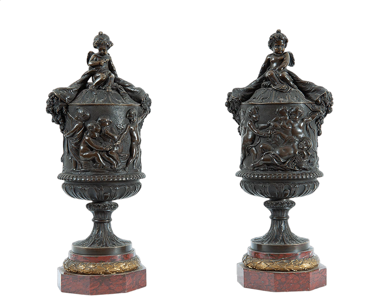 Pair of Napoleon III cassolettes in marble and burnished bronze, late 19th century 7