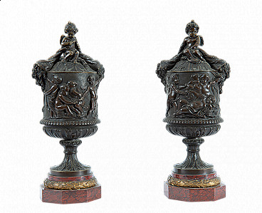 Pair of Napoleon III cassolettes in marble and burnished bronze, late 19th century