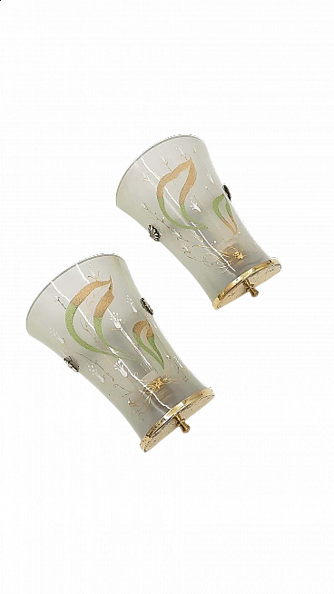 Pair of Art Nouveau hand-decorated glass wall sconces, 1910s
