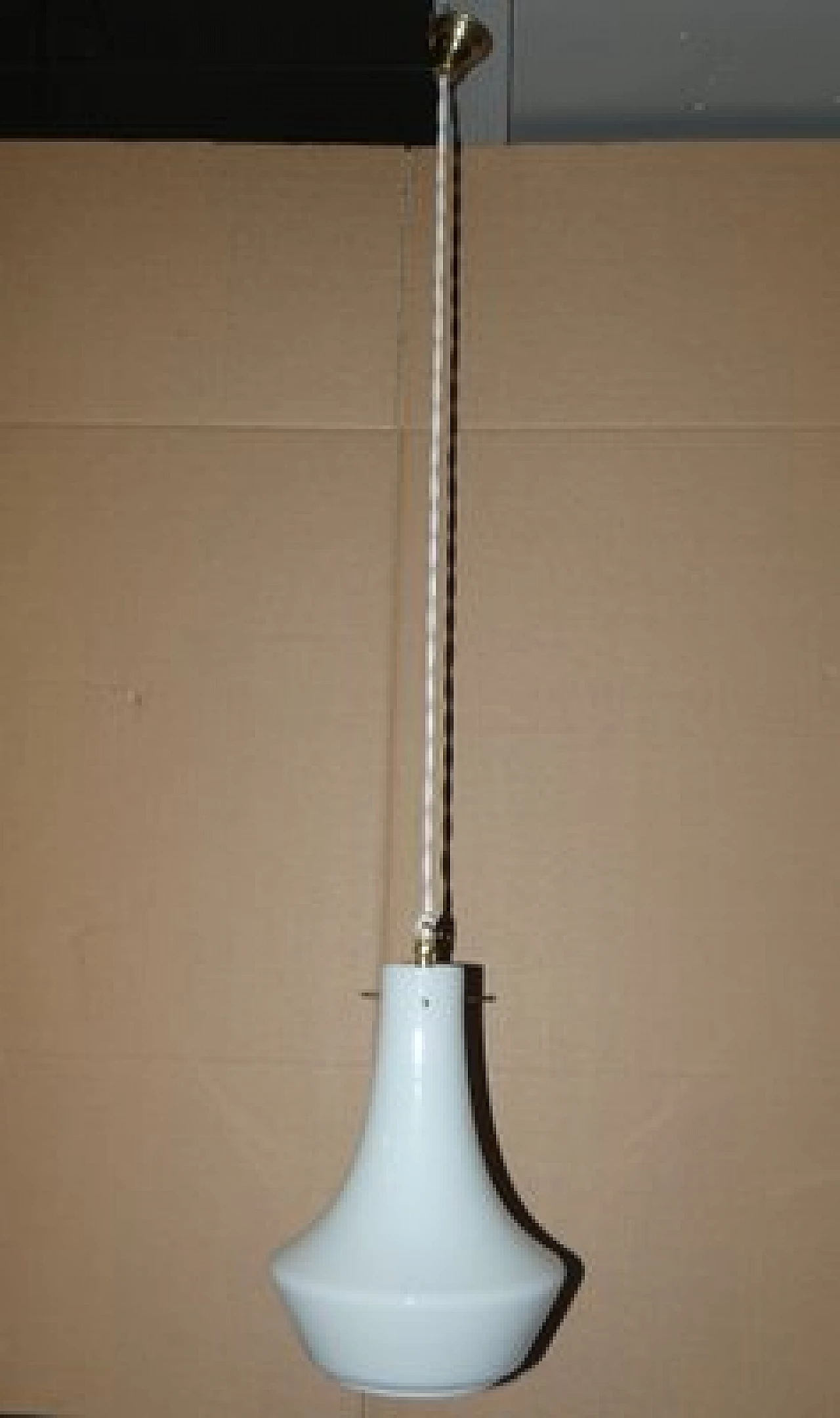 Opal glass and brass chandelier by Arteluce, 1950s 3