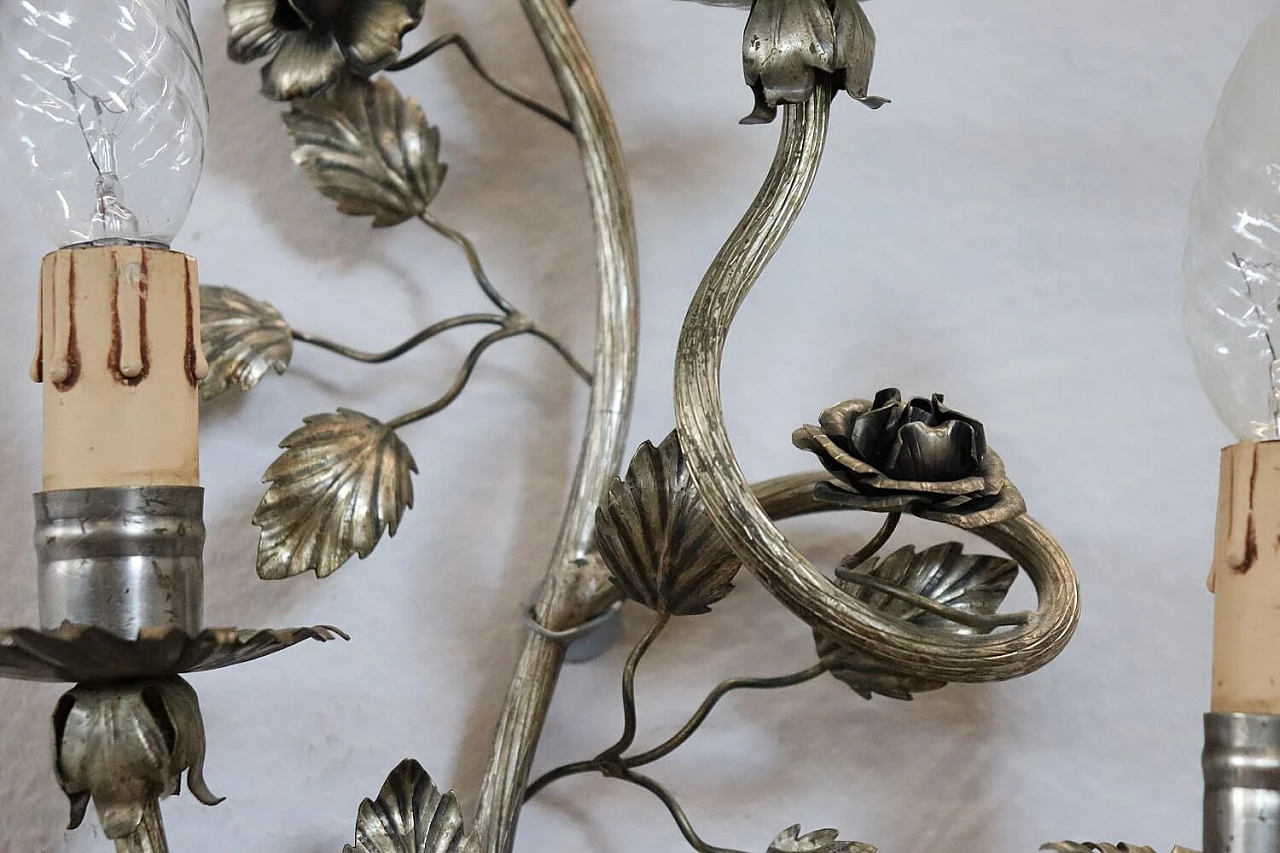 Pair of silver metal sconces with floral motif 6