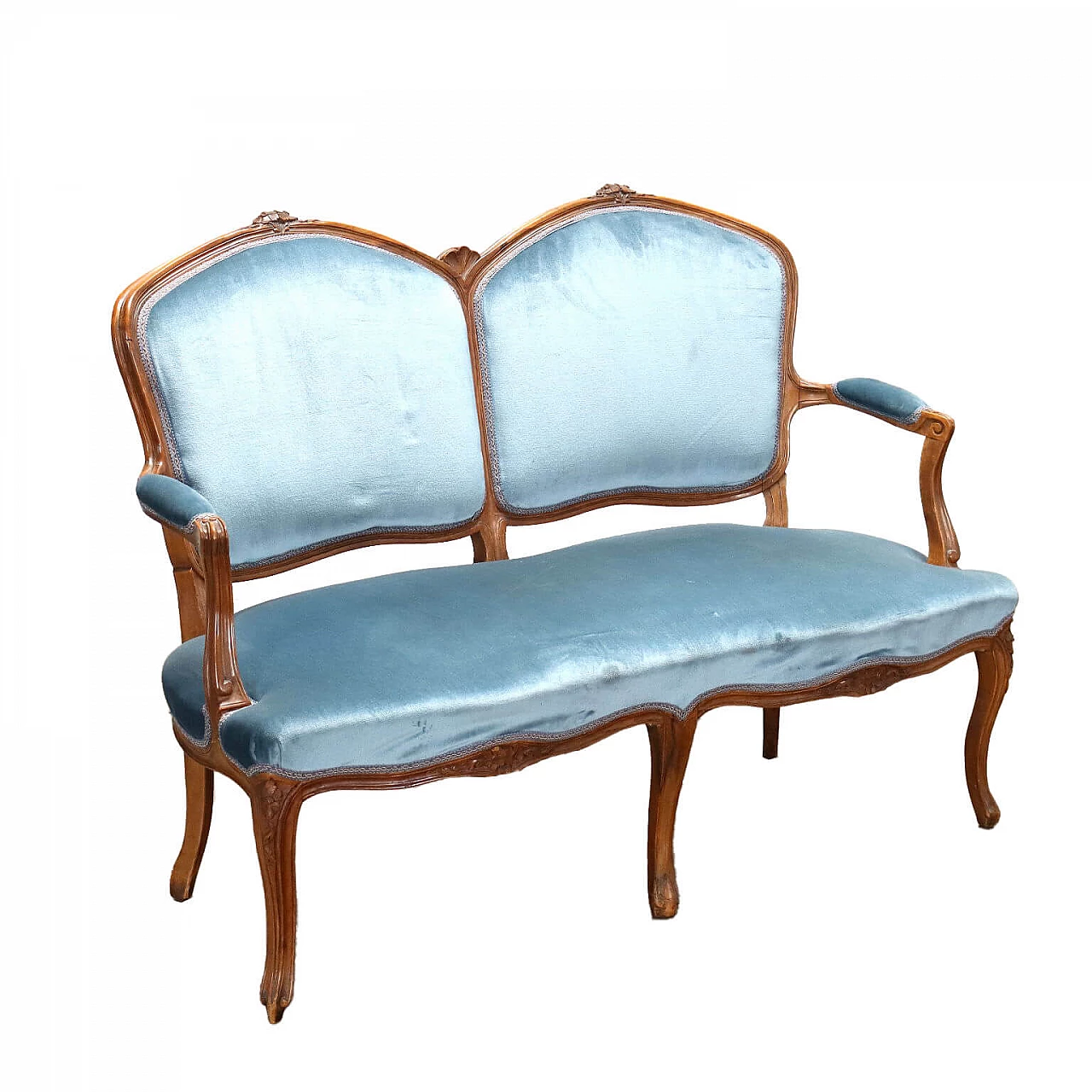 Light blue Baroque style velvet sofa, early 20th century 1