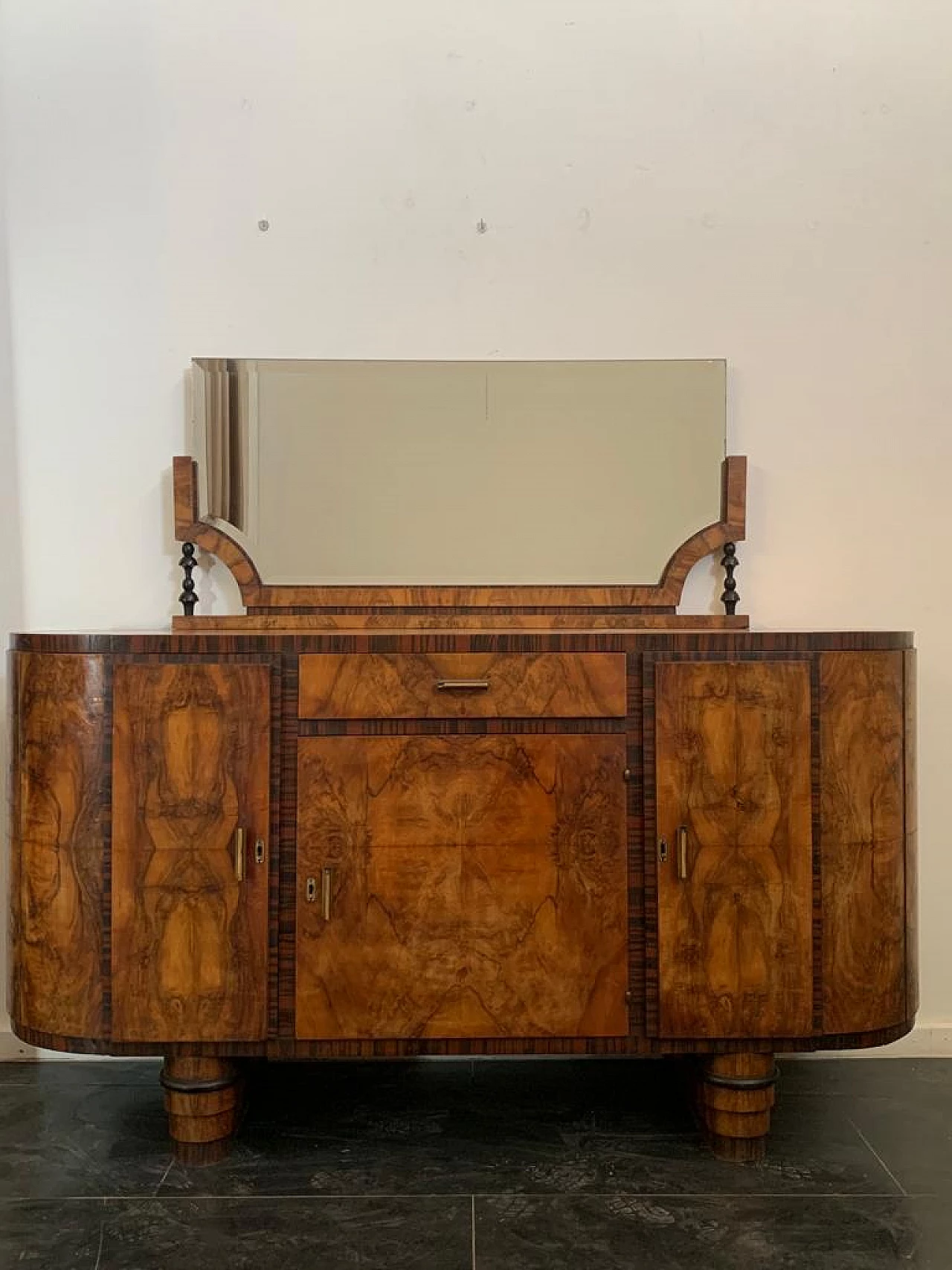 Macassar ebony and walnut burl oval sideboard with mirror, 1930s 7