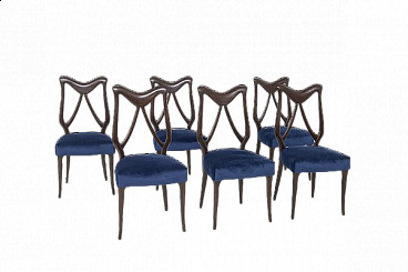 6 Walnut and blue velvet chairs attributed to Melchiorre Bega, 1950s