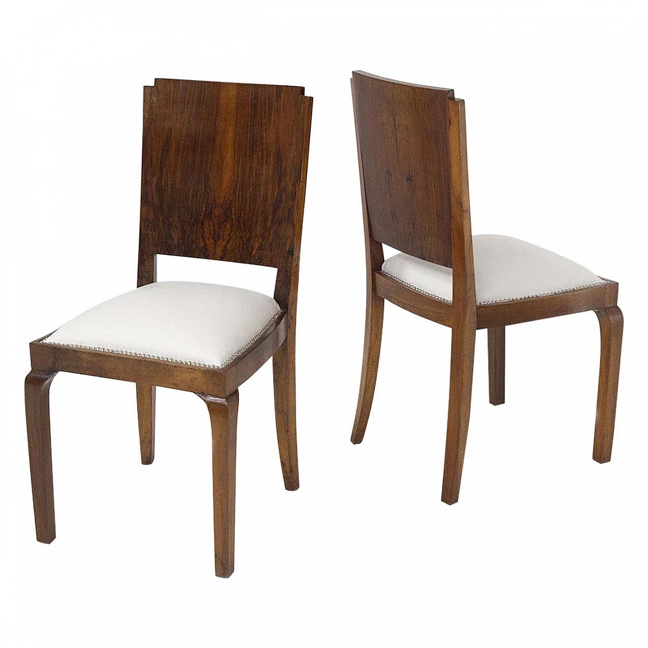 Pair of Art Deco walnut chairs with white cotton upholstery, 1920s 1