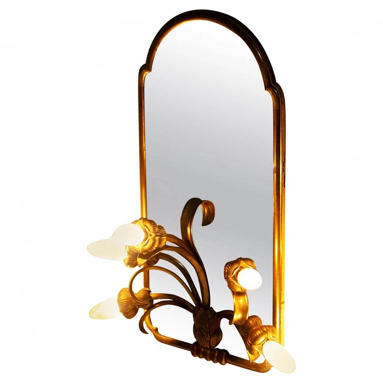 Art Nouveau glass and brass wall sconce on mirror, 1910s 1