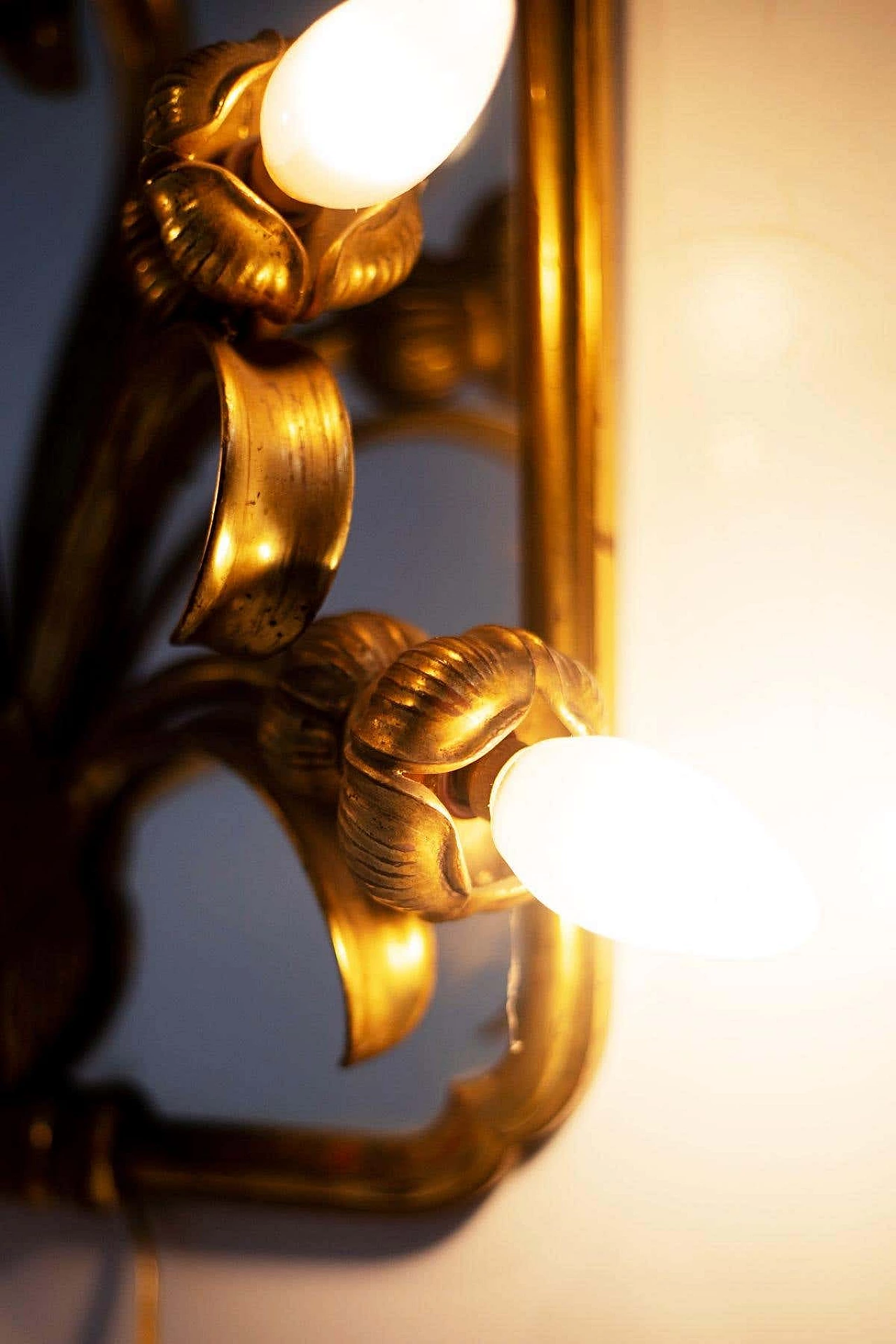 Art Nouveau glass and brass wall sconce on mirror, 1910s 4