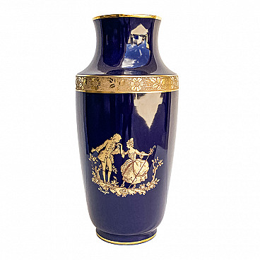 Vase in blue Limoges porcelain with gold decoration, 1960s